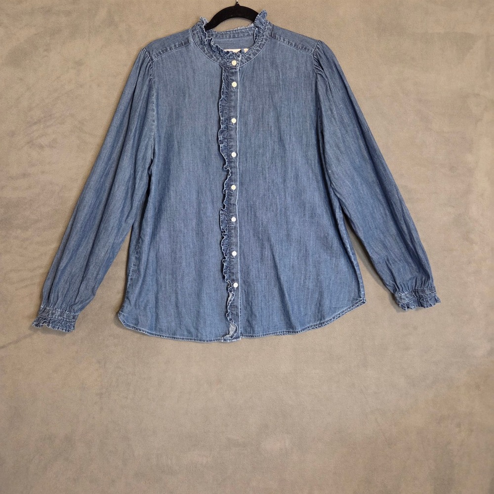 LOFT Ruffle Neck Chambray Shirt Women's Size Large Cottagecore Coastal Casual